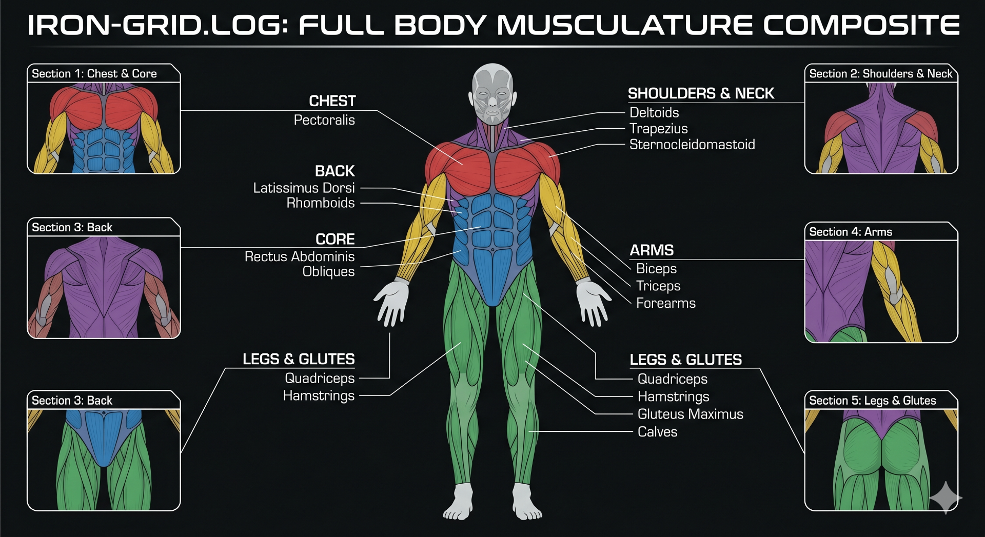 Full-body musculature composite showing the main muscle groups across chest, back, shoulders, arms, and legs.
